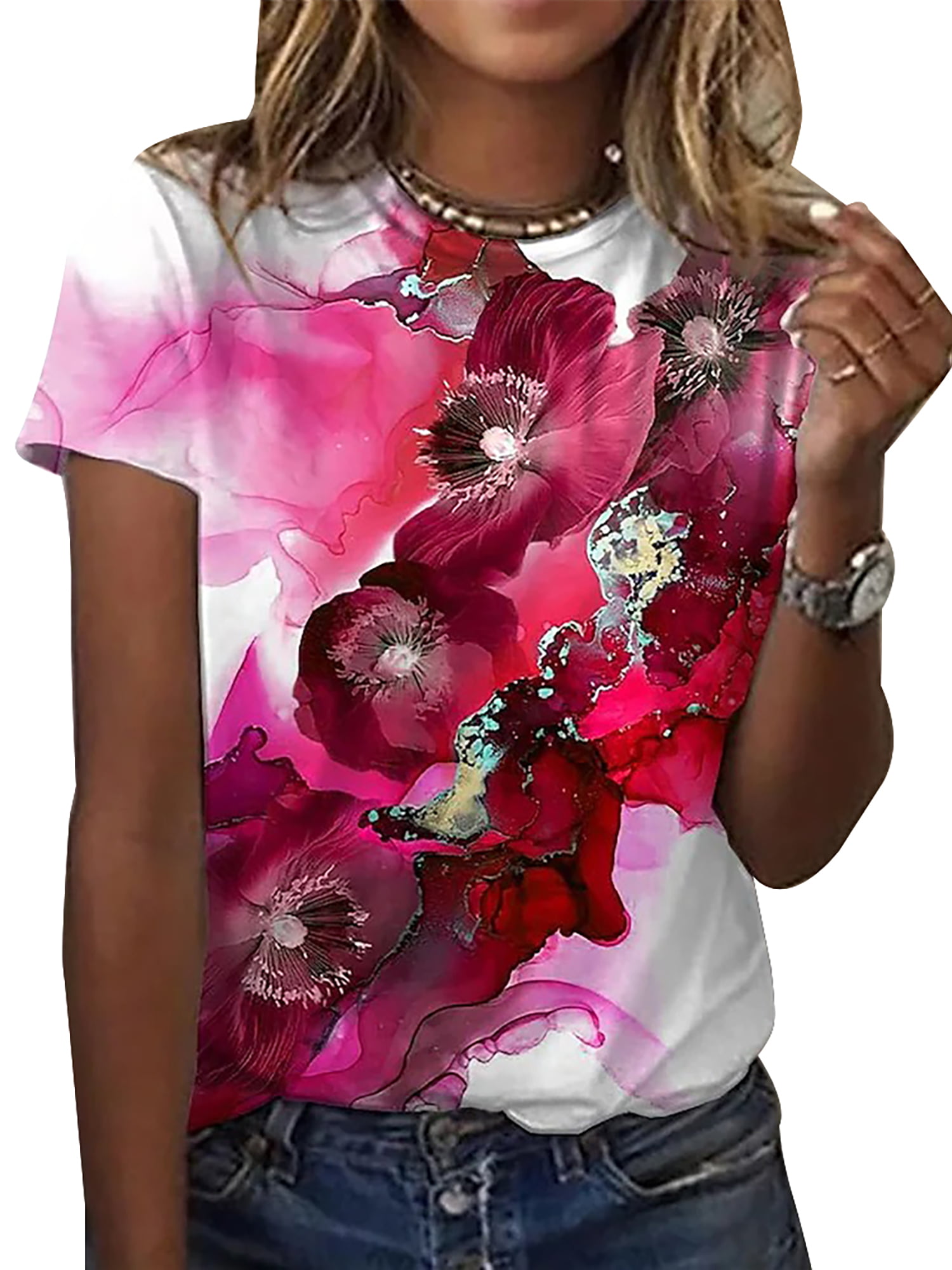 Gvmfive Women Short Sleeve T Shirt Floral Print Round Neck Tops Loose ...