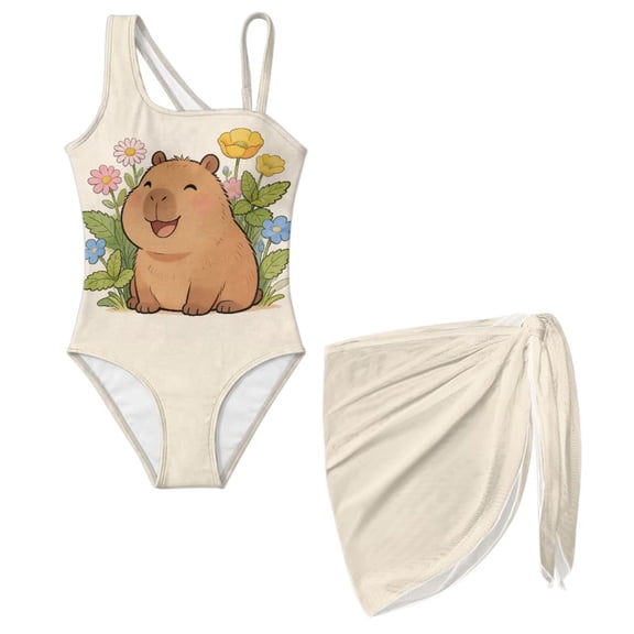 FUIALDOLG One-piece Swimsuit for Little Girl Cute Capybara Swimwear with Beach Wrap Skirts Quick Drying Beach Cover Up Summer Swimming Costume for Beach Pool Party