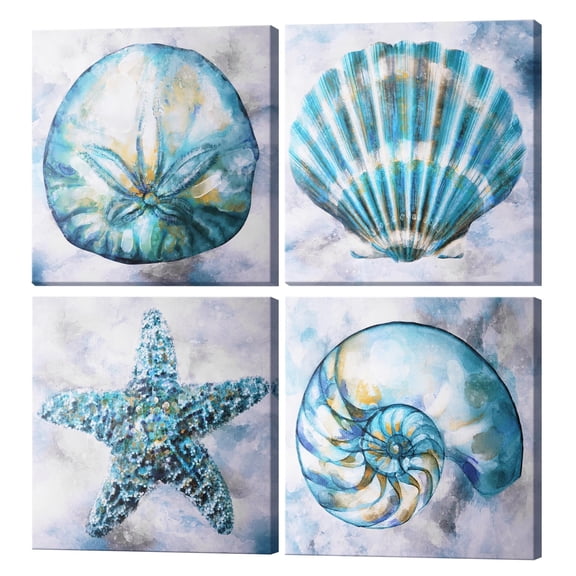 American Art Decor 4 Piece Teal & Gray Beach Theme Canvas Wall Art Set - Home Decor Print for Living Room, Bedroom, Bathroom, & Guest Room (Elegant Shell, 16"x16")