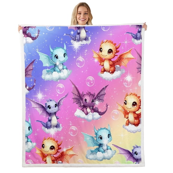 Erosebridal Kawaii Dragon Throw Blanket for Couch 60x80,Bling Stars Fleece Blanket 60x80,Gradient Watercolor Sherpa Blanket,Breathable Animal Room Decoration