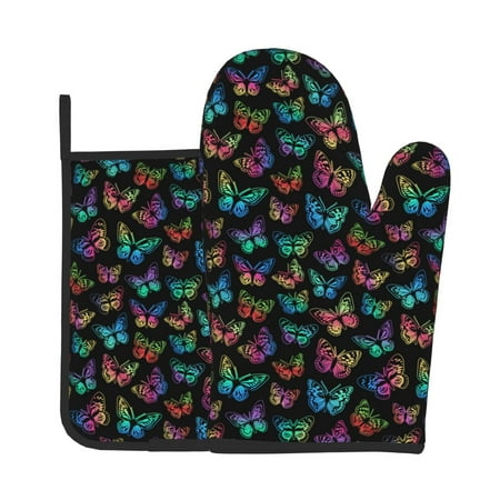 

Vsdgher Multicolored Butterflies Oven Mitts and Pot Holders 2 pcs Set High Heat Resistant Kitchen Oven Glove for Baking and Cooking