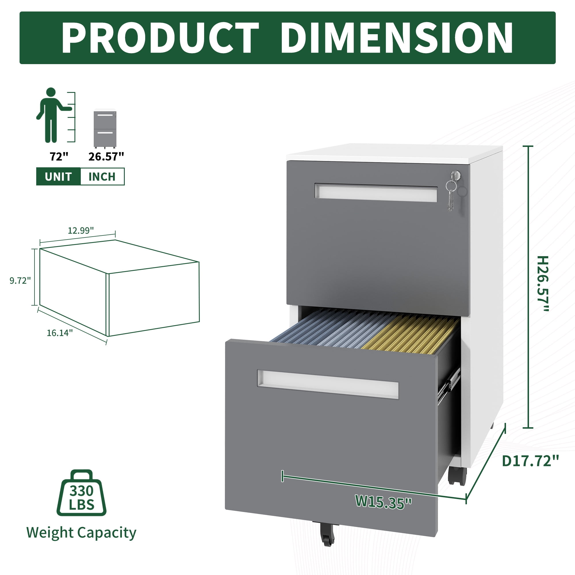 2-Drawer Mobile File Cabinet with Lock, All-Steel Metal Storage Cabinet on 360° Wheels, for Home Office & Commercial Use, Fully Assembled, Holds A4/Letter/Legal Files, 110lbs/Drawer Capacity