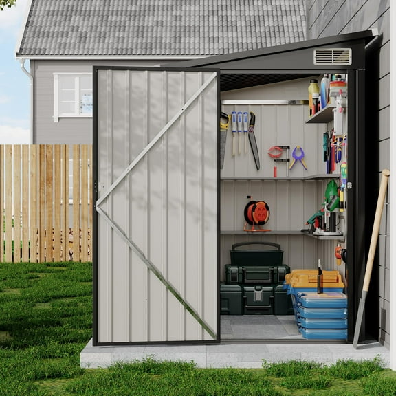 Studyset 4×8 FT Lean to Storage Shed,Heavy-Duty Outdoor Metal Storage Shed,Garden Tool Metal StorageHouse W/Lockable Door and 2 Air Vents,Metal Wall Side Bike Shed & Outdoor Storage
