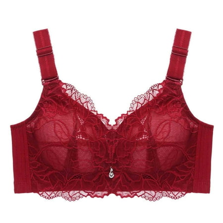Munlar Womens Bra Wire-Free Comfortable Lace Adjustable Strap Everyday Bra Wine Push-Up Basic Bra L