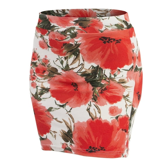 Doublju Women's Basic Stetch Knit Bodycon Mini Skirt FLORALCORAL S