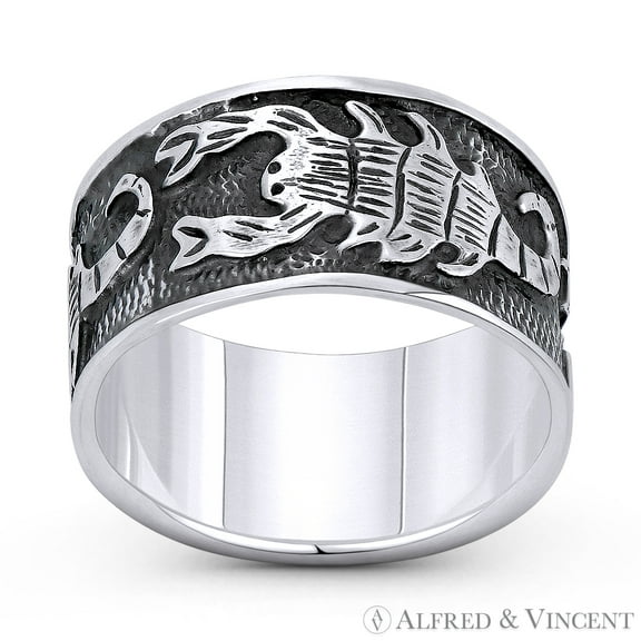 Scorpion Arachnid Goth Charm Scorpio Zodiac Sign 10mm Wide Band / Eternity Ring in Oxidized .925 Sterling Silver