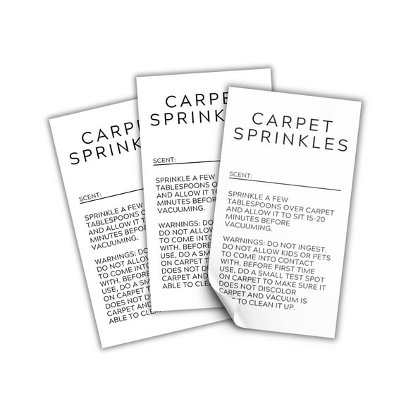 Carpet Sprinkle Freshener Instruction Stickers  250 pc per Roll 2x3.5 Minimalist Warning Labels for Jar Package How to Use Cleaning Scent Write in