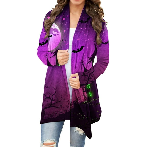 WXLWZYWL Halloween Cardigan for Women Plus Size Long Open Front Cardigans Halloween Pumpkin Pattern Cardigan Bat Cardigan