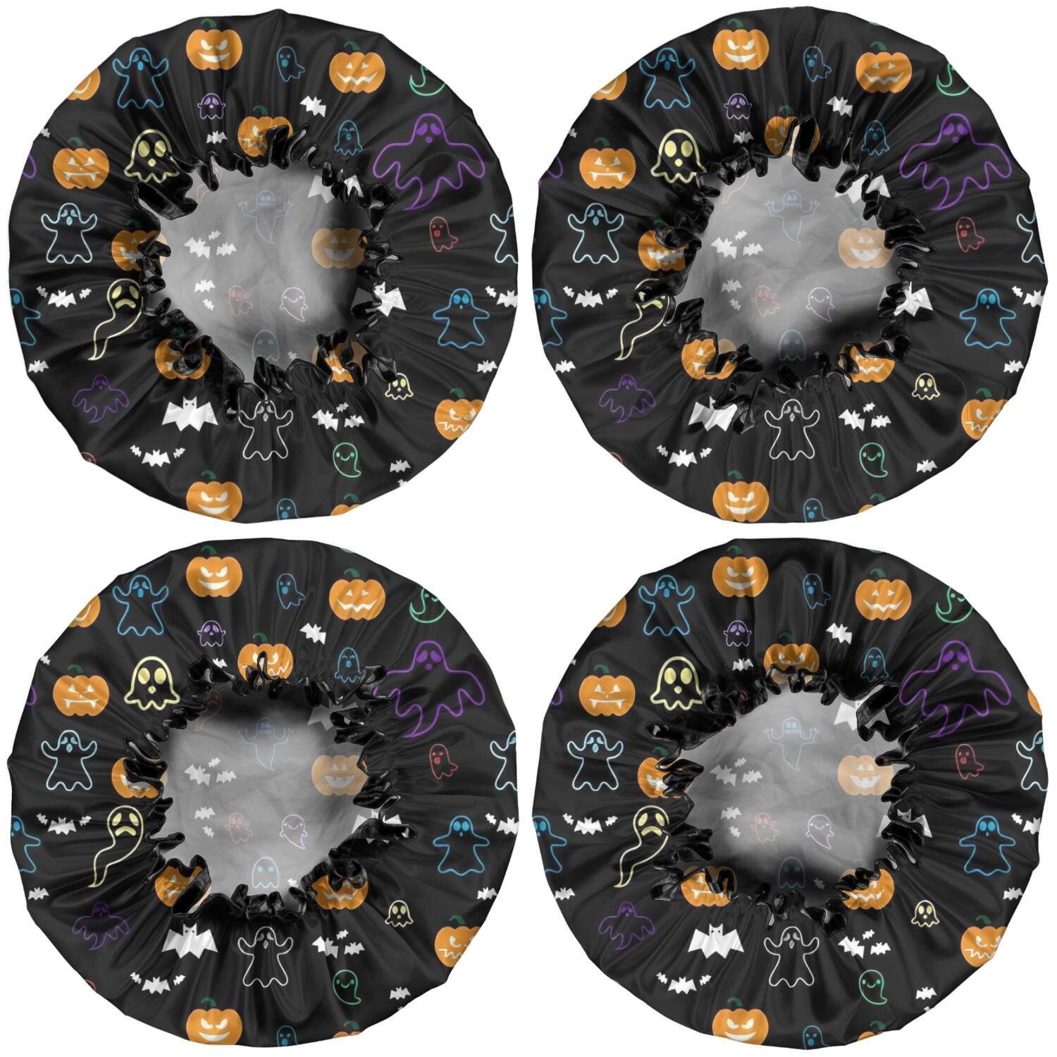 Shower Caps,Halloween Black Colorful Ghosts and Pumpkins Waterproof Shower Cap for Women 4 Pieces,Double Reusable Hair Cover for Shower PEVA Elastic Stretch Hem