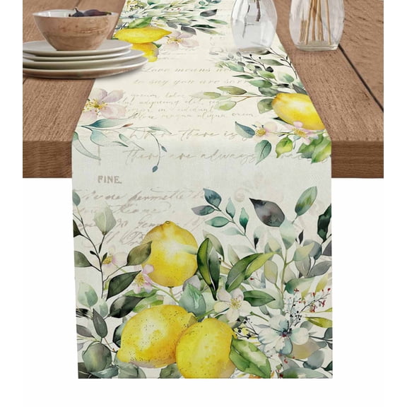 Ldtrchee Summer Lemon Table Runner 60 Inches, Spring Eucalyptus Leaves Botanical Vintage Bed Runner Dresser Scarves Tabletop for Indoor Outdoor Parties/Ceremony/Banquet, 13" x 60"