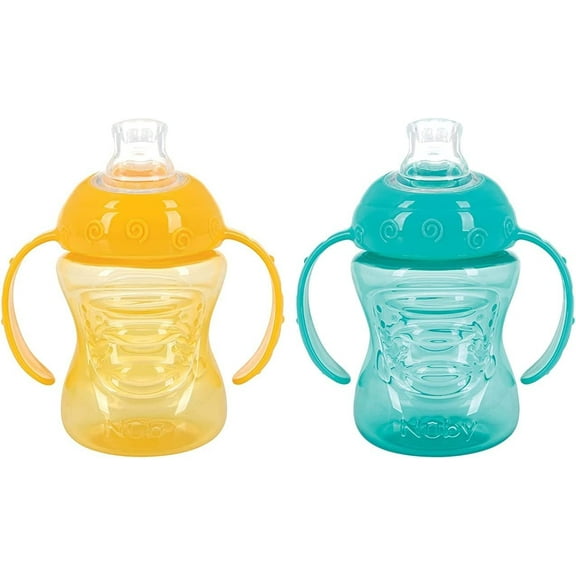 Nuby Two-Handle No-Spill Super Spout Grip N' Sip Cup, 4 Count, Yellow/Aqua