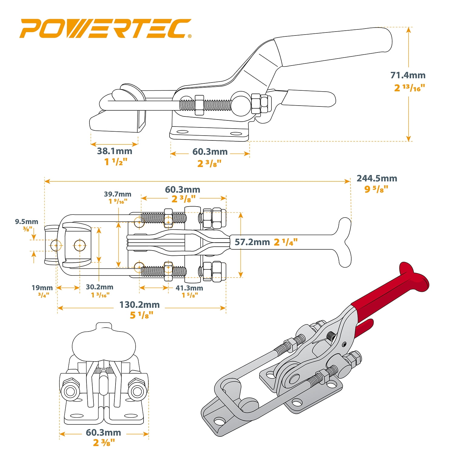 POWERTEC 4PK Toggle Clamp, 2000 lbs Capacity, 40341 Self-Lock U-Bolt Adjustable Latch w/Antislip Hand Grip for Woodworking Jigs & Fixtures, Smoker, Tool Box, Cabinet (20340-P2)