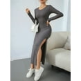 thumbnail image 4 of Women'S Fall Long Sleeve Casual Ribbed Knit Slim Fit Elegant Crew Neck Side Slit Maxi Dresses Dark Gray M, 4 of 8