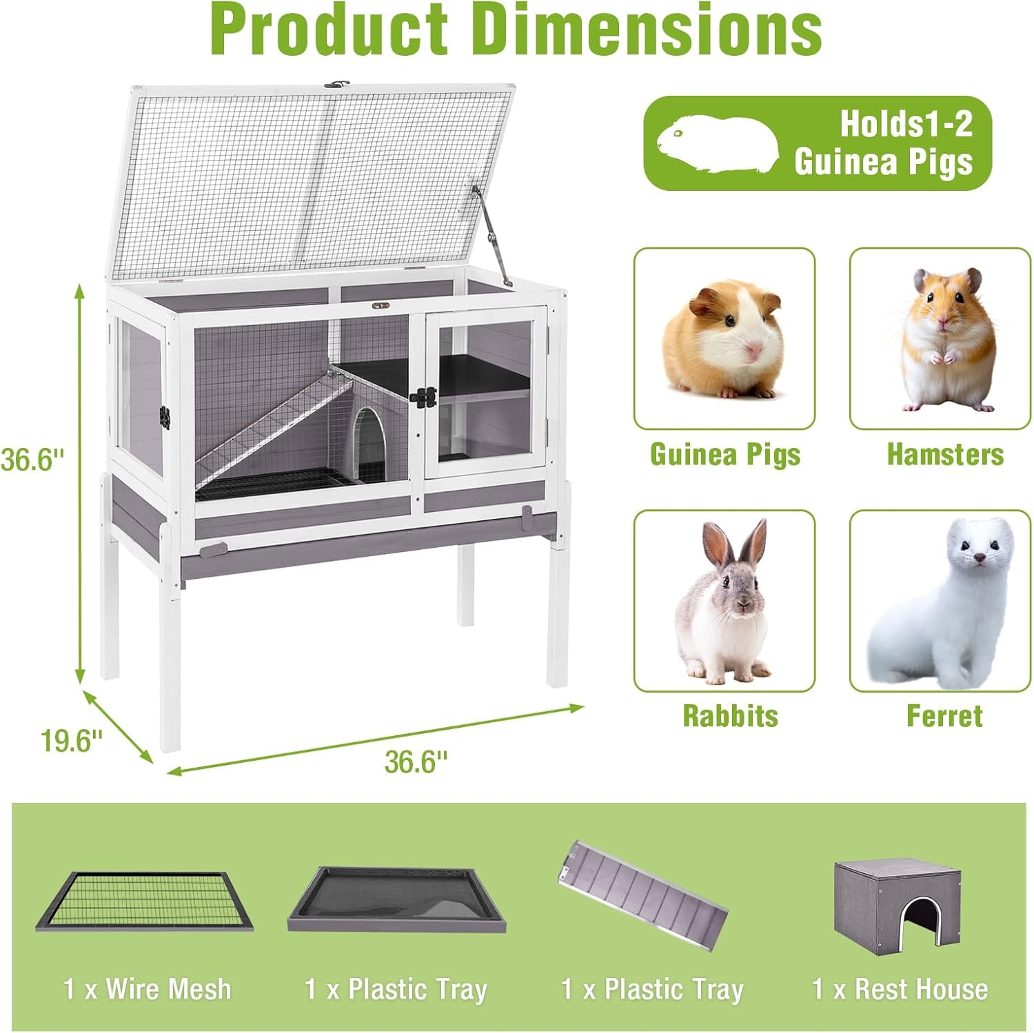 Aivituvin Indoor Guinea Pig Cage Rabbit Hutch with Chew-Proof Ramp, 2-Story Wooden Bunny House with Pull-Out Trays & Leakproof PVC Layer, Small Animal Cages with Detachable Legs (Gray)