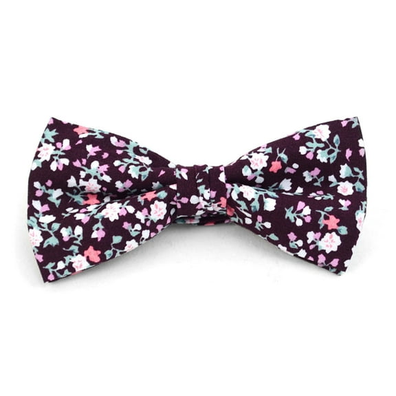 Urban-Peacock Men's Cotton Banded Bow Tie with Gift Box - Floral Wedding - Plum Small Print