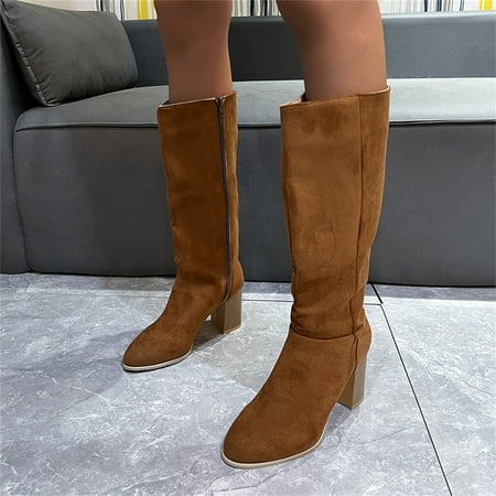 

Fashion Autumn Winter Women Mid Calf Boots High Heel Chunky Heel Zipper Suede Pointed Toe Comfortable