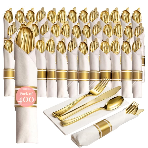 Prestee Pre Rolled Gold Plastic Silverware Set - 400 Pieces Disposable Silverware Set with Napkins for 100 Guests - Wrapped Flatware with Forks, Knives, Spoons, White Napkins for Events and Holidays