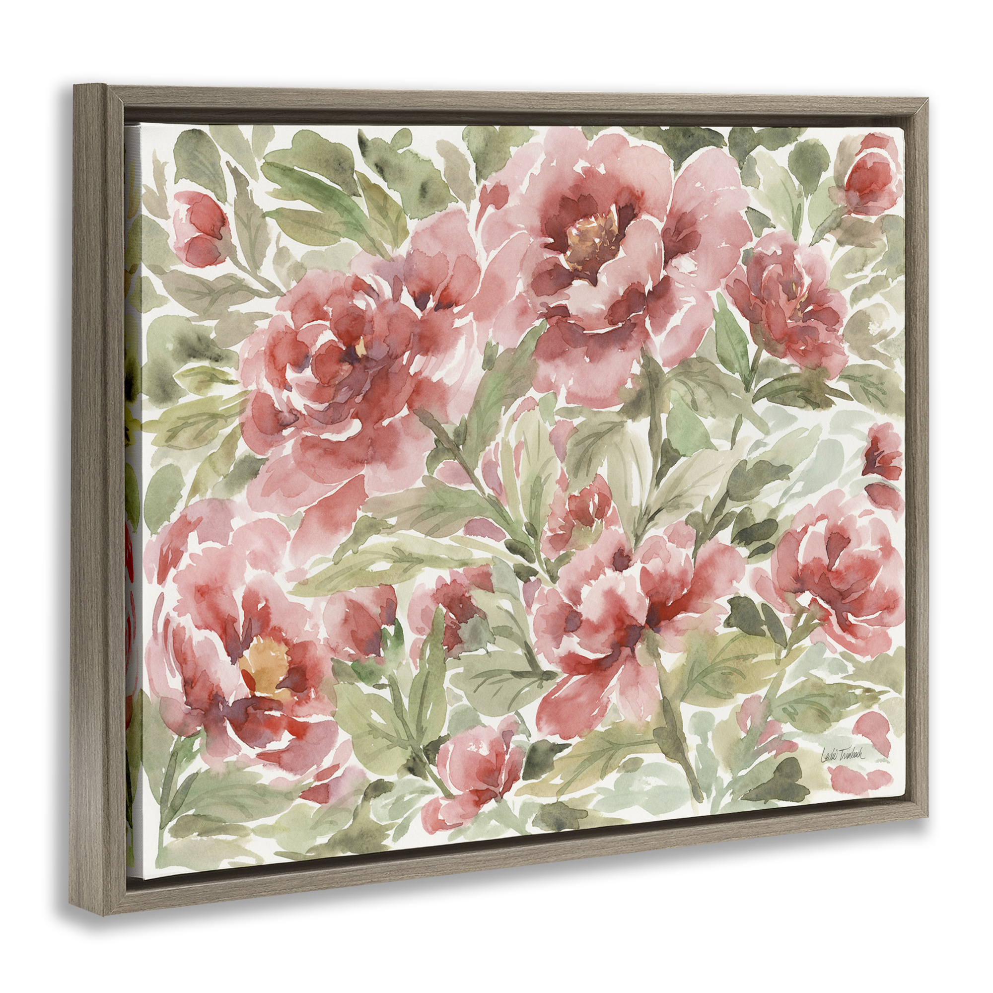 Stupell Industries Pink Peonies Pattern Botanical & Floral Painting Brown Floater Framed Art Print Wall Art, 21 x 17
