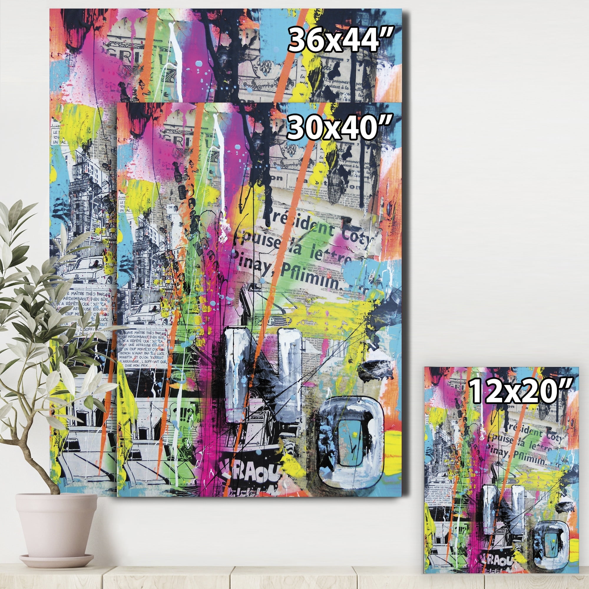 Designart 'Old Style Newspaper Street Art Collage VIII' Modern Gallery-Wrapped Canvas - 36x28 - 3 Panels - 36 in. Wide x 28 in. High - 3 Panels