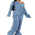thumbnail image 1 of Ensemble de Pyjama Deux Pièces pour Femmes Couleur Unie Col Rabattu Boutonné Manches Longues + Pantalon Long Taille Élastique, 1 of 4