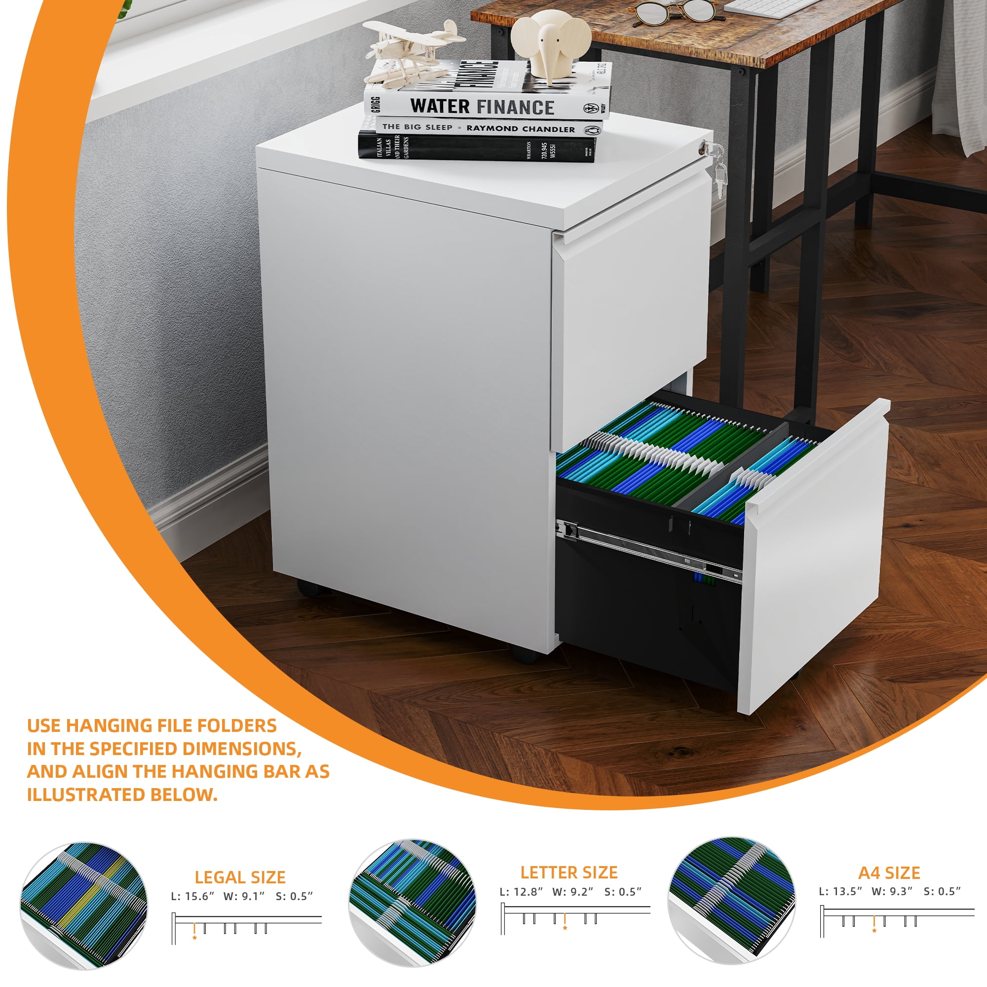 Uforic 2 Drawer File Cabinet with Lock, 20'' Deep Office Vertical Files, Mobile Metal Filing Cabinet,Rolling File Cabinets for Letters/Legal/A4 Size,White