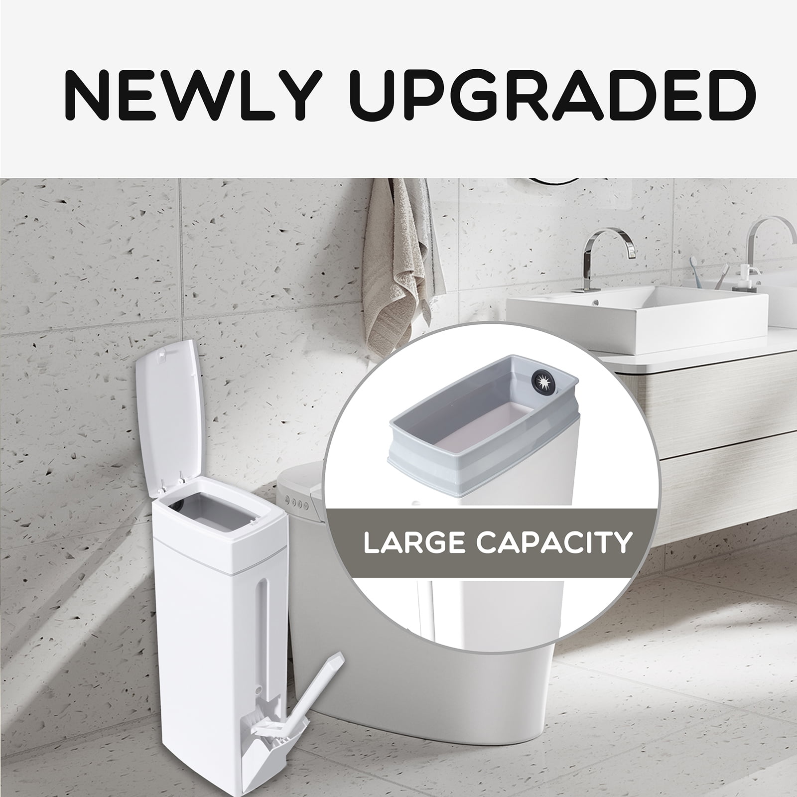 Slim Bathroom Trash Can with Lid,Small Bathroom Garbage Bin with Toilet Brush and Holder Set 4.5 Liter / 1.2 Gallon Dog Proof White Trash Can with Pop-Up Lid for Toilet, RVs