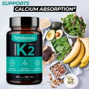 Vitamin K2 Mk7 100 mcg Vegan 60 Capsules by PhiNaturals - Bone Health Heart Cardiovascular Arteries - Vit k-2 MK-7 100mcg Supplement from Natto