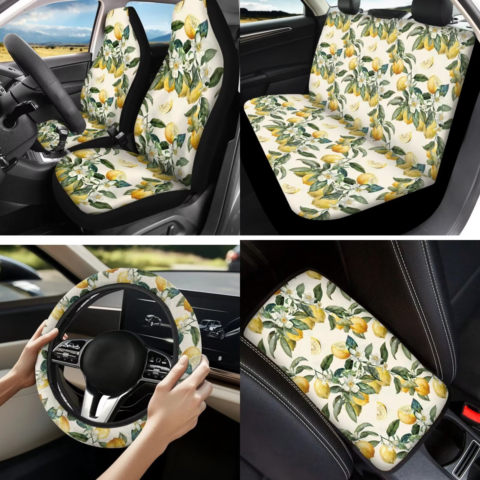 Garronmavis Lemon 13 Pcs Car Accessories Full Set Car Seat Covers Steering Wheel Cover,Armrest Cover Pad ,Key Chain,Chapstick,Car Coasters,Seat Belt Pads