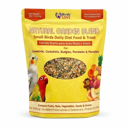 Birds LOVE Natural Garden Blend Bird Food for Small Birds, 4 lb - Hand Packed in USA, Natural Mix with Fruits, Seeds & Grains for Lovebirds, Cockatiels, Budgies & Parakeets