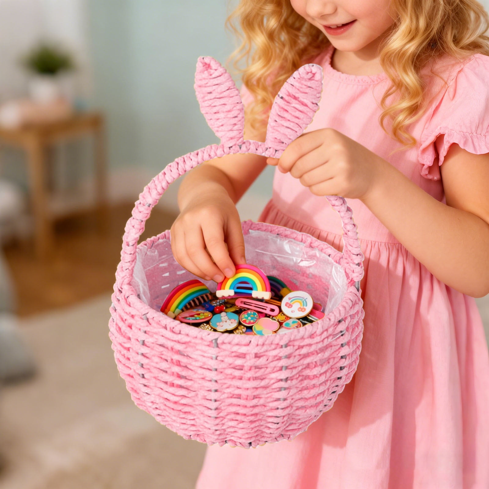 Basket with Handle Easter Bunny Rattan Woven Picnic Baskets with Rabbit Ear Straw Wicker Egg Candy Storage for Egg Party Supplies Gifts (Pink)