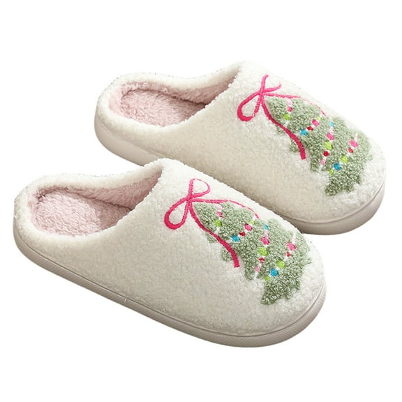 Christmas Plush Slippers Tree Bow Pattern Slippers, Slip-On Warm House Shoes for Christmas Party (White 36-37)