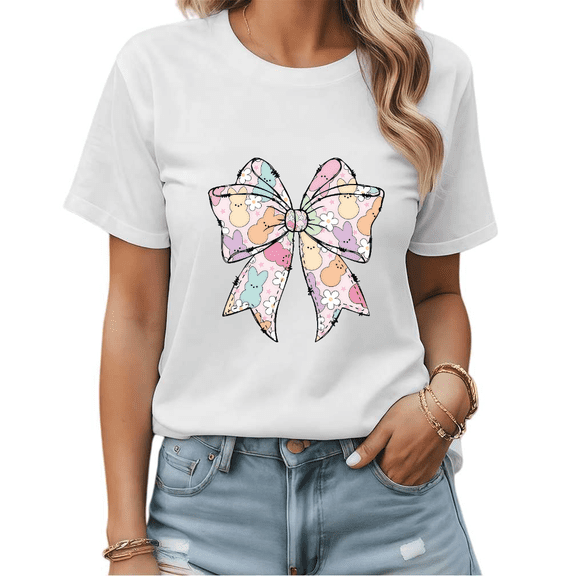 White Easter Bunny Peep Bow Print T-Shirt Graphic Tees Shirts Easter Holiday Casual S-5XL Tops