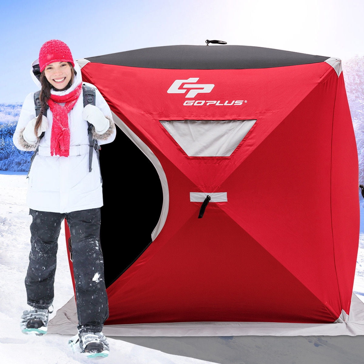 Goplus Portable Pop-up 2-person Ice Shelter Fishing Tent Shanty w/ Bag Ice  Anchors Red 