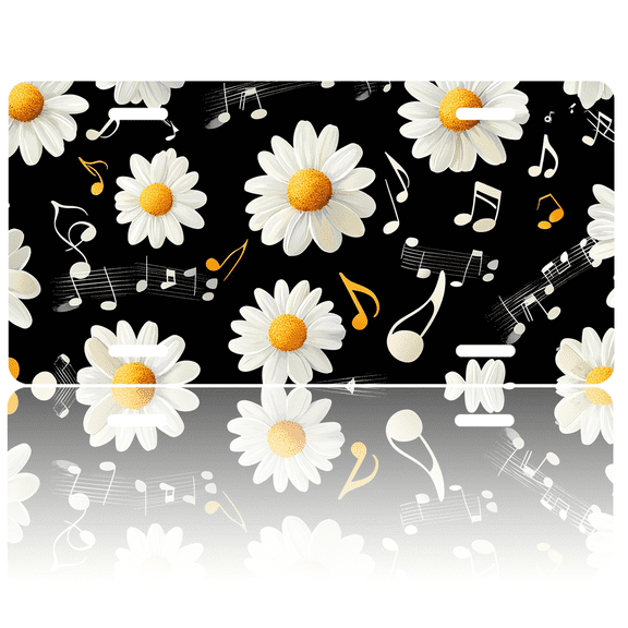 1 Pcs 2D Flat License Plate Covers & Frames, Daisies and Musical For Decorative Front, Waterproof For Decoration Aluminum License Plate Covers & Frames Cover For Men Women, 12" X 6"
