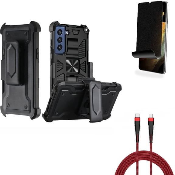 10ft PD Cable & Case Belt Clip & Privacy Screen Protector for Samsung Galaxy S22 Plus (S22 ) - Combo Type-C to USB-C Charger Cord Power & Holster Swivel Cover & TPU Film (Fingerprint Works) Anti-Peep