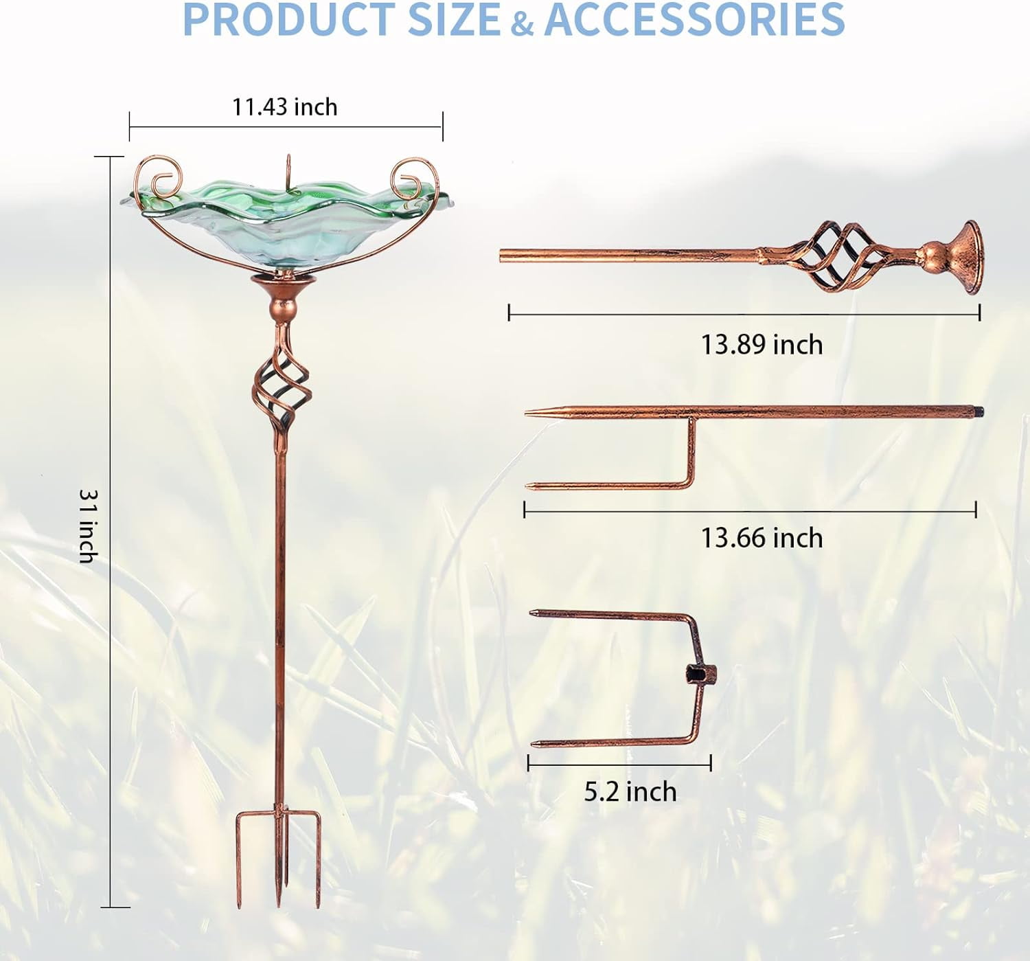 31 Inch Height Glass Bird Bath with Metal Stake Garden Yard Outdoor birdbaths, Green