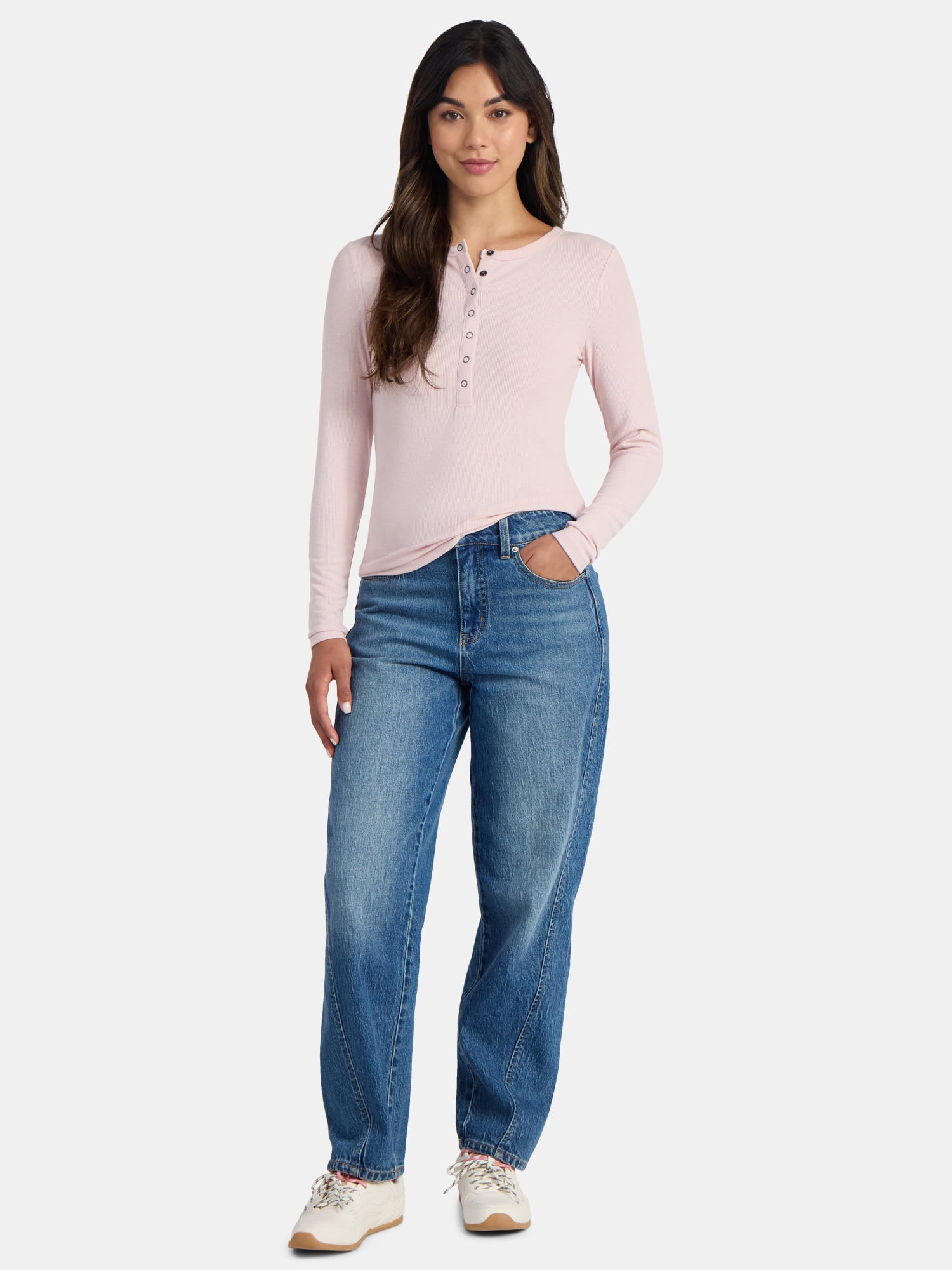 Time and Tru Women's Ribbed Henley Shirt with Long Sleeves, Sizes XS-XXXL