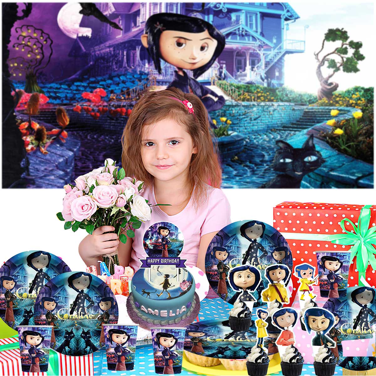 Coraline Birthday Cups Party Supplies Plates Fans Decorations Cake Topper Decor