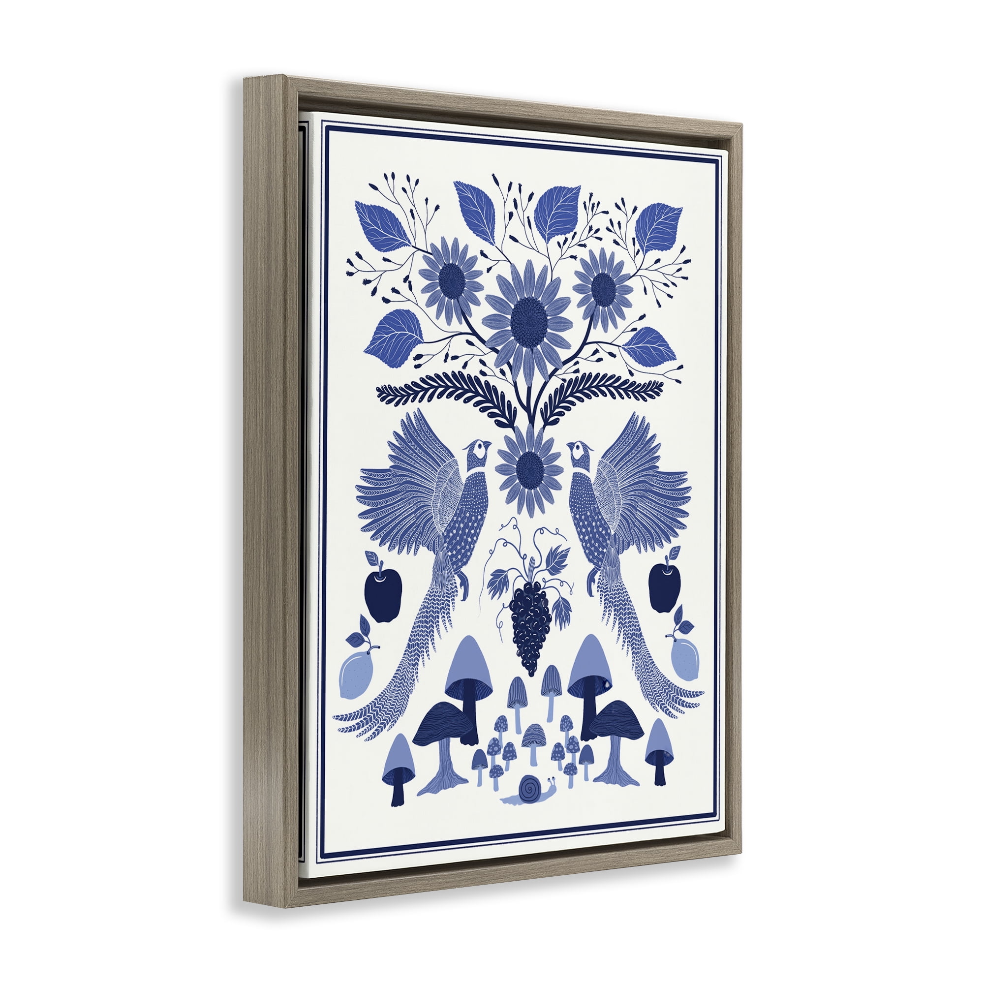 Stupell Industries Woodland Blue Folk Pattern Plants & Flowers Painting Brown Floater Framed Canvas Art Print Wall Art, 25 x 31