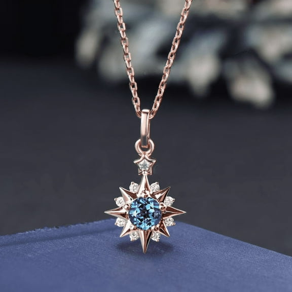 Round Cut Color-Changing Sun Necklace in 14K Rose Gold Finish - Sun Star Halo Wedding Necklace - Unique June Birthstone Pendant Necklace