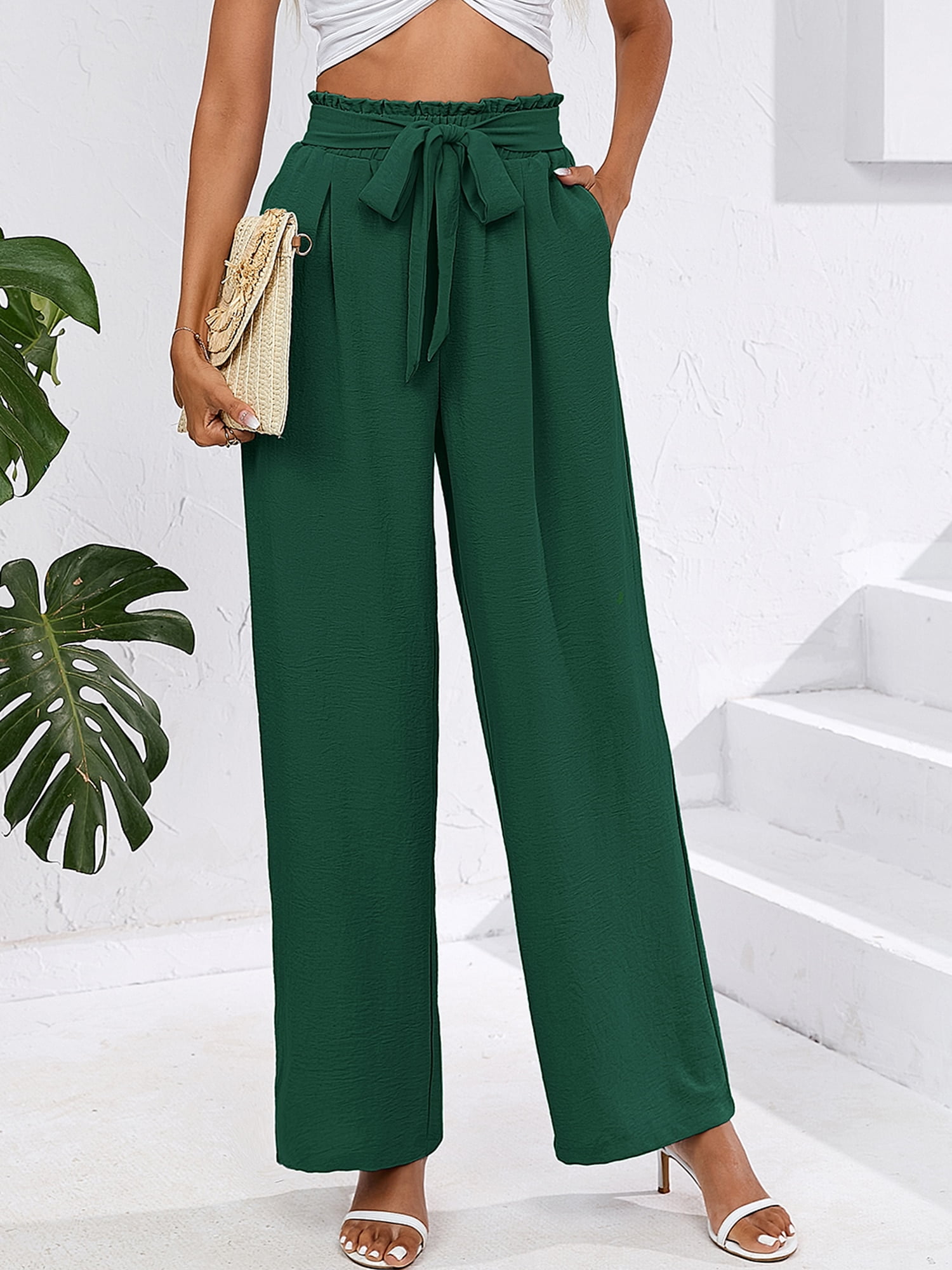 MELDVDIB Women's Belted Wide Leg Pants for Work, High Elastic Waist Palazzo  Lounge Pants Business Casual Loose Trousers Army Green : :  Clothing, Shoes & Accessories