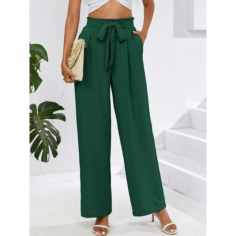 Chiclily Women's Wide Leg Lounge Pants with Pockets Lightweight High  Waisted Adjustable Tie Knot Loose Trousers, US Size Medium in Dark Green 