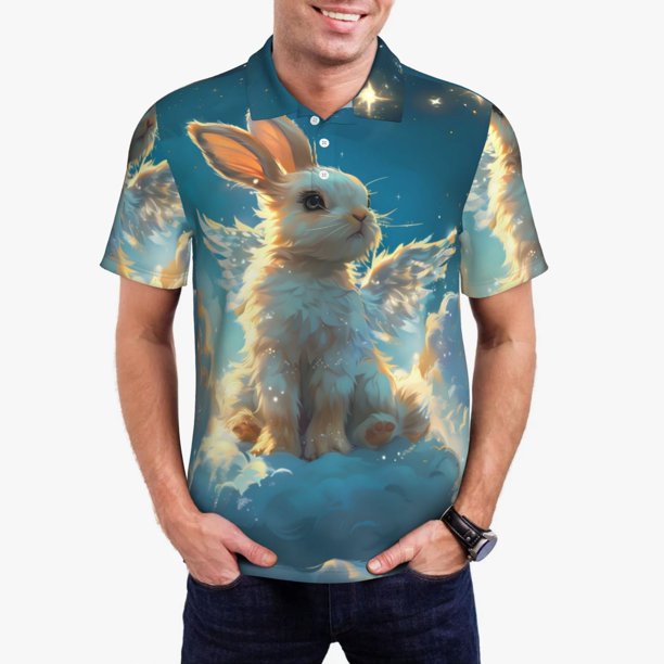 Fotbe Cute Angel Winged Rabbit Camiseta Polo de Golf para Hombre con Estampado – Camisa Deportiva Transpirable con Cuello Abotonado-Small
