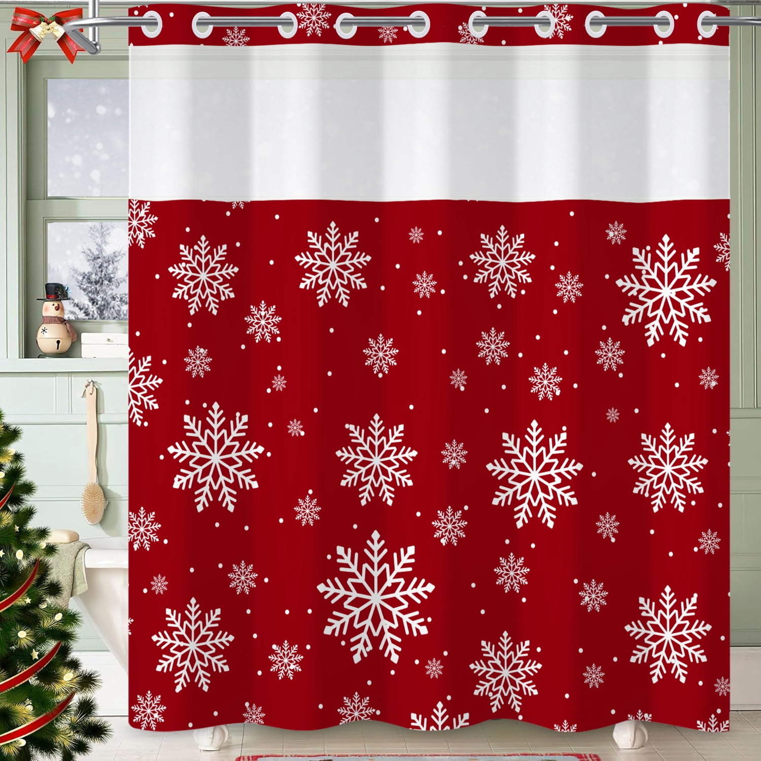 Mizhona White Snowflakes Hookless Shower Curtain with Snap in Liner，Red No Hooks Fabric Bath Curtain,71"× 74"