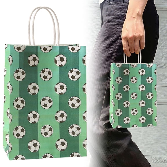 WUJDF Soccer Party Gift Bag,Reusable Colorful gift paper bags with Handles,Sports Theme Design with Soccer Balls,Fun Soccer Theme Party Supplies for Sports Events,Team Gifts,Snacks,Toys & Treats