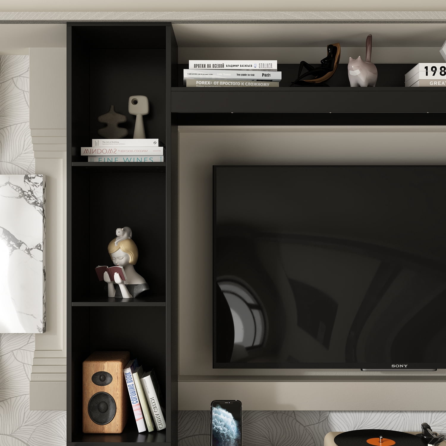 KULAGAGA Entertainment Center with Bookshelves Modern Media Center with Open Shelves & Bridge TV Wall Unit with Doors, for Living Room Black