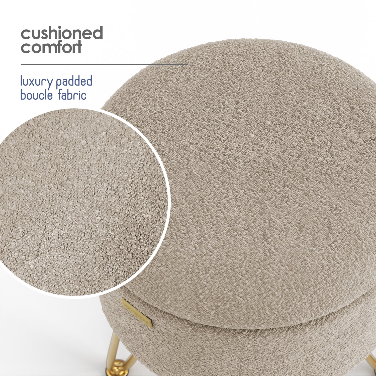 LammaLoe Small Round Ottoman with Storage, Boucle Ottoman Foot Stool with Lid, Upholstered Vanity Stool for Living Room & Bedroom, Beige
