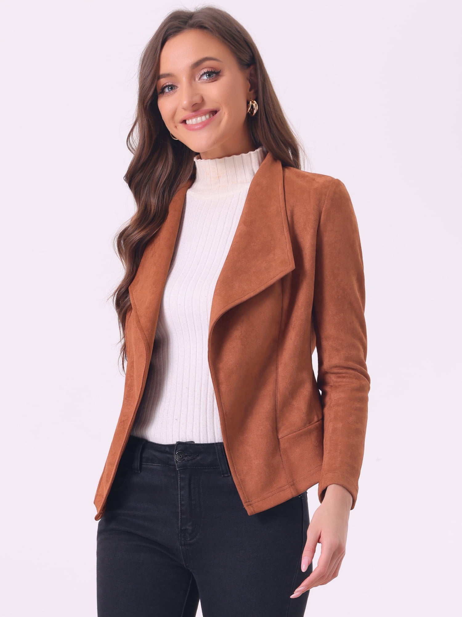 DARING DIVA Faux Suede Jacket Open Front Lapel Draped Cardigan Blazers M Caramel