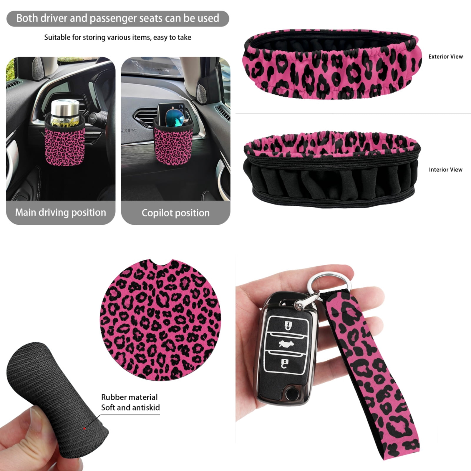 Yuyamidu Pink Leopard Print Car Seat Cover Set with Steering Wheel Cover Auto Seat Belt Strap Protector Cup Coasters Trash Can Air Vent Storage Bag Rear View Mirror Cover Keychain 15 PCS