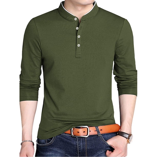 Sunloudy Hombres Primavera Otoño Slim Tops Color sólido Manga larga Cuello alto Camisas con botones Sunloudy moda